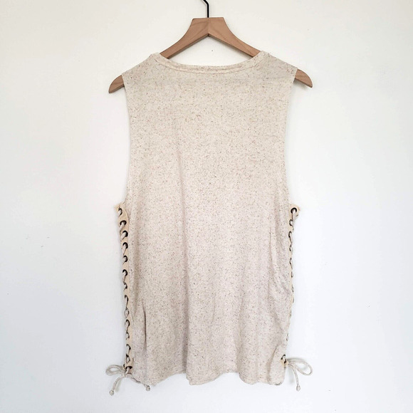 Maronie SIZE S Cream Textured Tunic Tank Top Distressed Lace Up Sides Keyhole - Picture 9 of 14